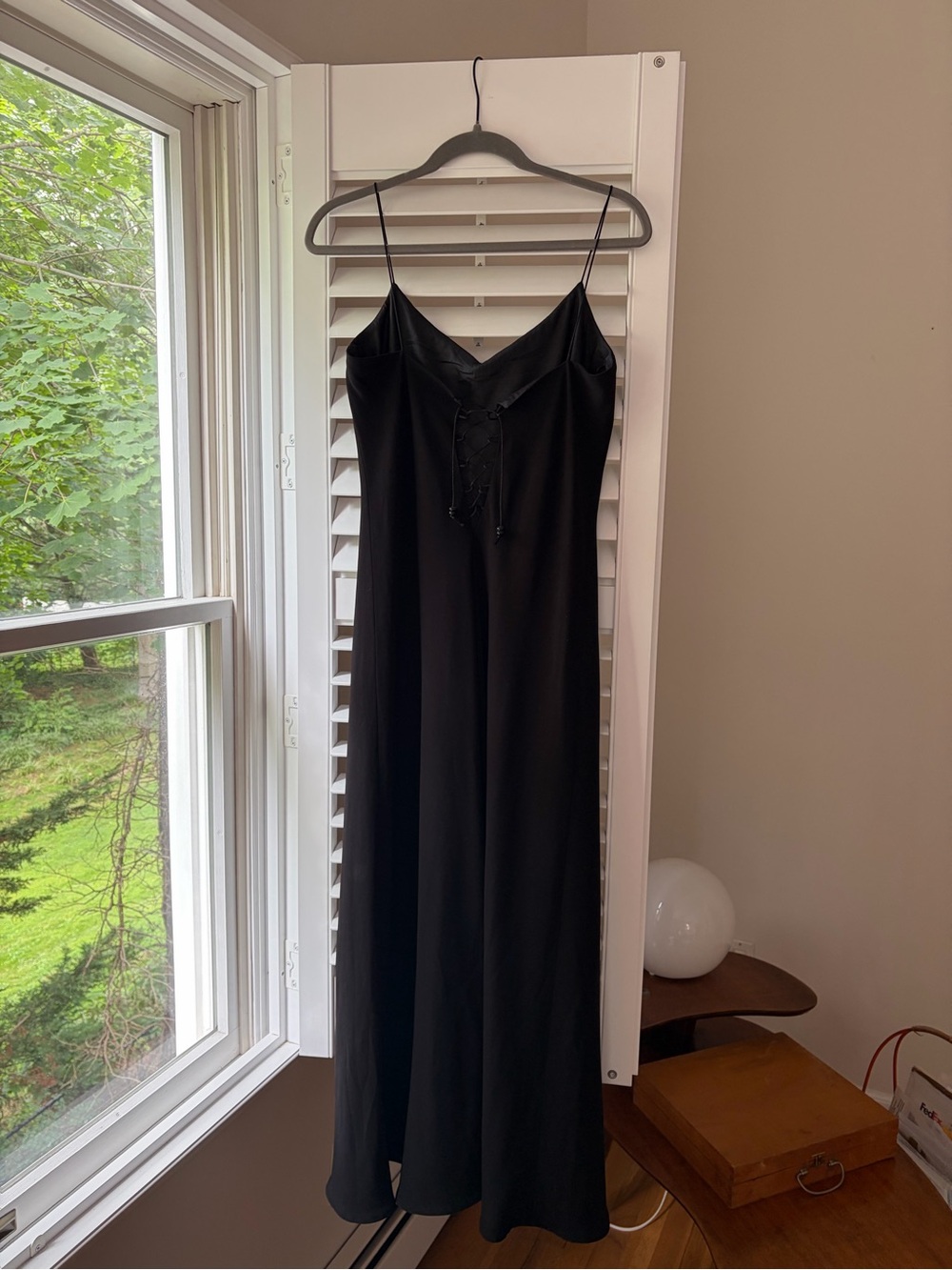 Lauren Ralph Lauren Black Satin Slip Dress with Lace-Up Back